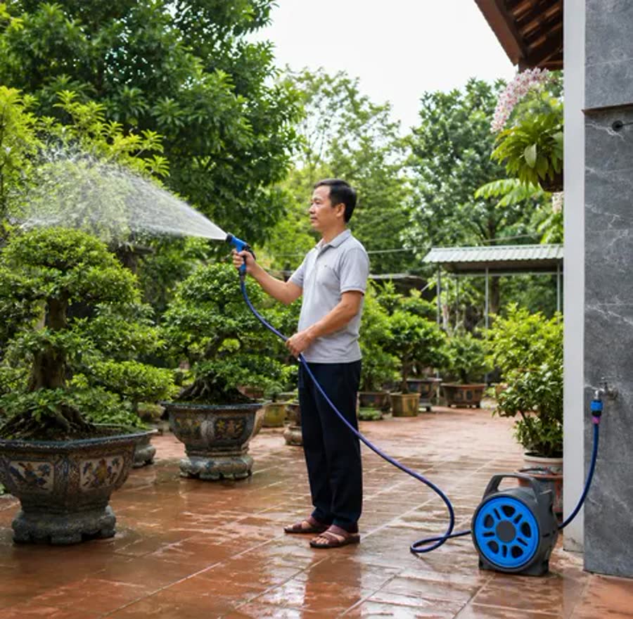 Tưới cây cảnh bằng bộ cuộn dây, hộp cuộn đặt gọn dưới chân